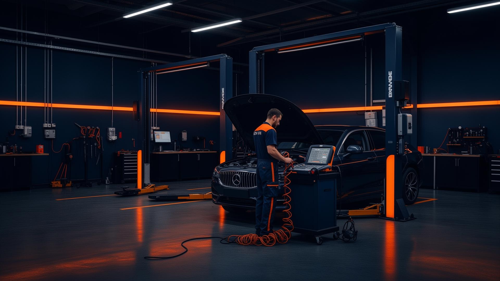 Mechanic running vehicle diagnostics inside Hadfield Service Centre workshop